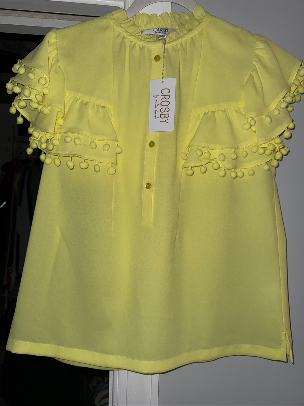 NEW-Crosby by Mollie bright Yellow Pom Pom Ruffle Blouse-Size Medium